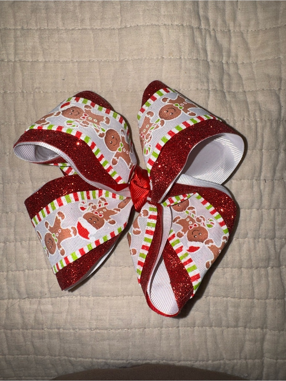 Gingerbread Holiday Hair Bow - Red & White
